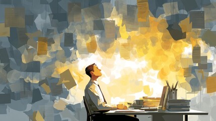 16.Conceptual office image of employee achieving calm and focus, breathing deeply amid messy desk, paperwork and digital distractions, visual storytelling of resilience and workplace well being