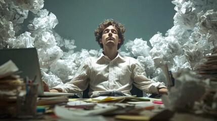 16.Conceptual office image of employee achieving calm and focus, breathing deeply amid messy desk, paperwork and digital distractions, visual storytelling of resilience and workplace well being