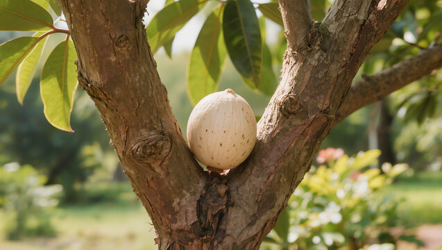 Close-up of a lone ripe sapodilla fruit nestled in a tree's branches