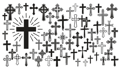 Diverse Cross Collection: A striking visual compilation of various Christian cross designs, from simple to ornate, symbolizing faith, spirituality, and religious heritage. © Aysha