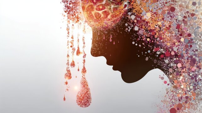 35.Concept = Human silhouette with brain glowing, tear drop composed of molecules and hormones inside, abstract representation of emotional tears releasing stress, vibrant colors, scientific but