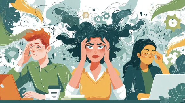 94.Creative flat vector artwork showing employee frustrations, emotional overload, and stress reduction through collaborative problem solving