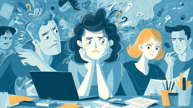 94.Creative flat vector artwork showing employee frustrations, emotional overload, and stress reduction through collaborative problem solving