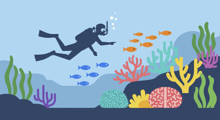 Scuba diver exploring vibrant coral reef with colorful fish swimming. © Nabih