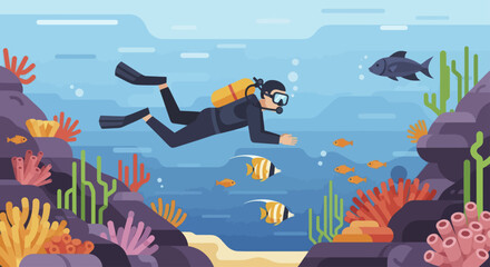 Scuba diver exploring vibrant coral reef ecosystem underwater. © Nabih