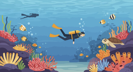 Scuba divers explore vibrant coral reef ecosystem with marine life. © Nabih