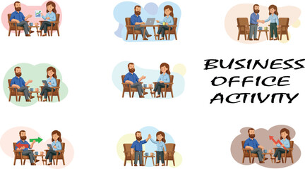 Fototapeta premium Business Office Activity A Collection of Illustrations Depicting Professional Interactions and Collaboration in a Workplace Setting