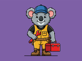 Fototapeta premium Friendly Koala Character Mascot Holding Wrench and Toolbox Handyman Repair Service Professional Maintenance Specialist Illustration