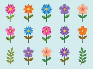Obraz premium Colorful Flat Vector Flower Icons Collection with Green Leaves and Vibrant Petals Arranged for Spring Garden and Nature Graphic Design