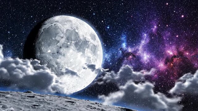 A large luminous full moon rises above a rocky cratered planetary surface under a celestial night sky filled with a colorful purple nebula, bright stars, and wispy clouds.