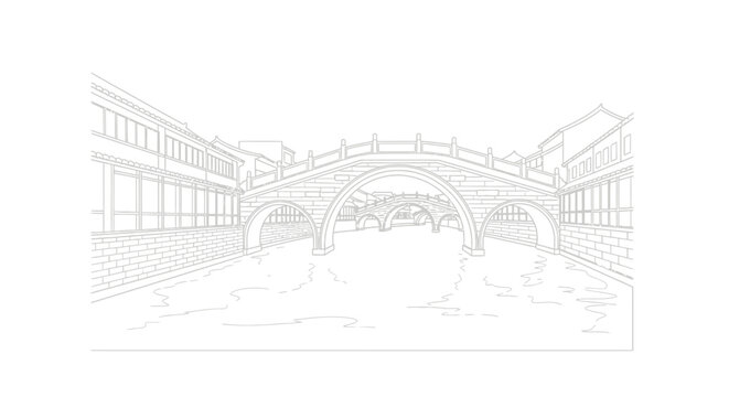 Illustrated historic arched bridge over tranquil canal scene.