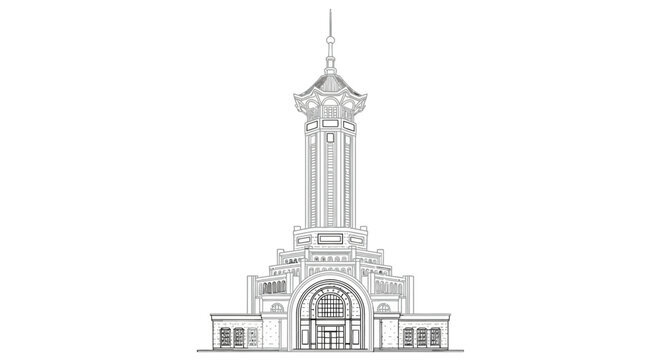 Detailed Architectural Drawing of Ornate Clock Tower Building.
