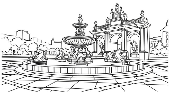 Elaborate outdoor fountain with grand architectural backdrop sketch.