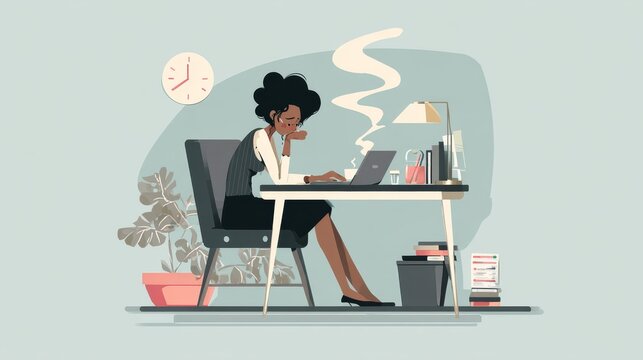 96.Flat cartoon vector illustration of a sad woman sitting at her desk looking at a laptop, slumped posture, muted colors, professional burnout concept
