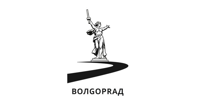 Iconic Motherland Statue Silhouette with Cyrillic Text.
