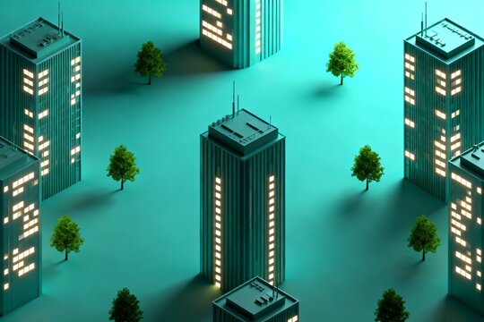Stylized cityscape with illuminated buildings