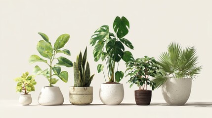 Fototapeta premium 3.Minimal botanical composition of various potted plants, isolated on white background, crisp lighting, clean modern style