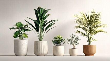 Fototapeta premium 3.Minimal botanical composition of various potted plants, isolated on white background, crisp lighting, clean modern style