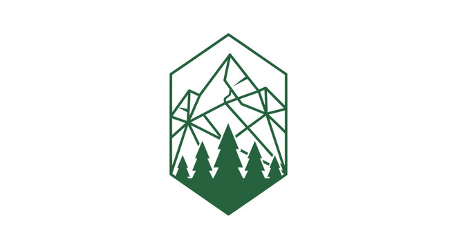 Minimalist Mountain Forest Geometric Line Art Emblem.