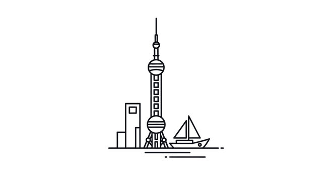 Iconic Oriental Pearl Tower and Sailboat Cityscape Illustration.