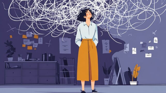 30.Office worker standing with scribbled chaotic line above head, exhausted posture, modern workplace background, visual metaphor for anxiety, stress and mental overload