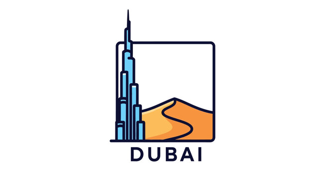 Illustrated Dubai Skyline with Desert Dunes and Iconic Tower.