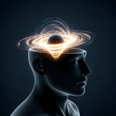 Obraz premium Human head profile with a swirling black hole energy vortex representing complex thoughts and mental chaos