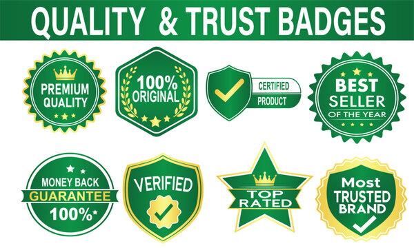 Premium Green and Gold Quality Trust Badges Set Vector Certified Product Guarantee Stamp 100 Percent Original Best Seller Top Rated Verified Most Trusted Brand E Commerce Marketing Icons
