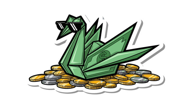 Origami Swan Made of Money Sitting on Coins.