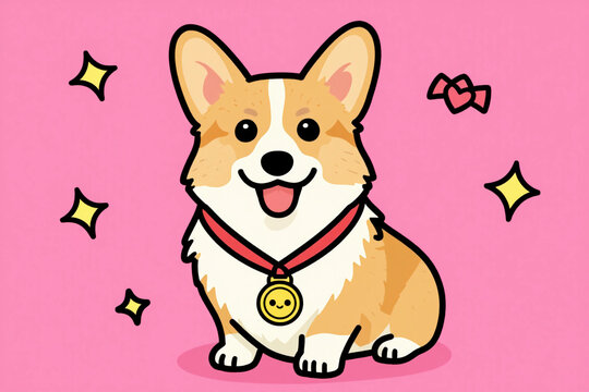Cheerful corgi wearing a gold medal sits on a vibrant pink background, adorned with fun doodles, perfect for pet-themed celebration designs.