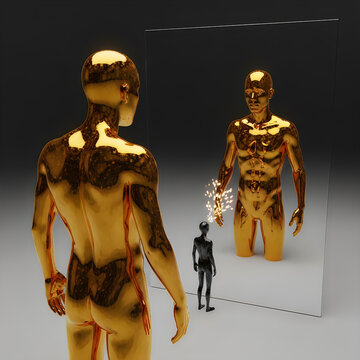 Golden human figure looking at own reflection in mirror with small black figure emitting light particles representing self-discovery and transformation