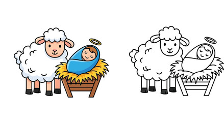 Naklejka premium Cute Nativity Scene Vector Illustration: Baby Jesus in Manger with Sheep, Colored and Black and White Outline Version for Kids Coloring Book
