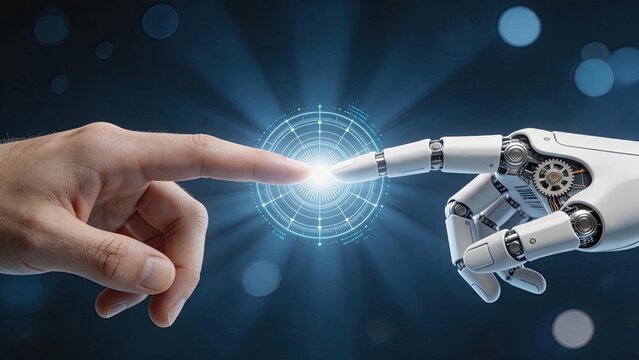 Close up of human and robot fingers touching with bright light and digital circle interface, representing connection between humanity and advanced technology.