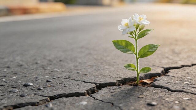 Small white flower plant growing through crack in asphalt road, resilience and hope concept, nature overcoming urban environment, strength and survival in difficult conditions