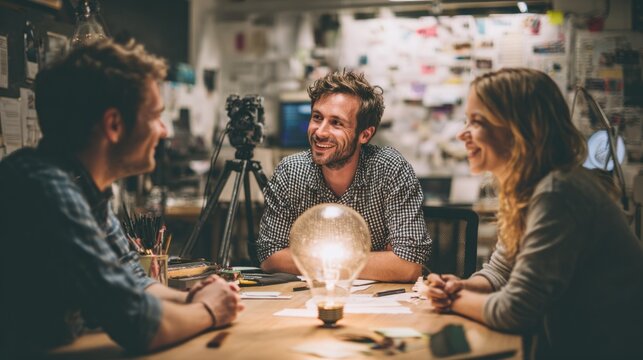 Two men and a woman engaging in a creative brainstorming session around a wooden table with a glowing light bulb as a focal point, in a cozy workspace environment
