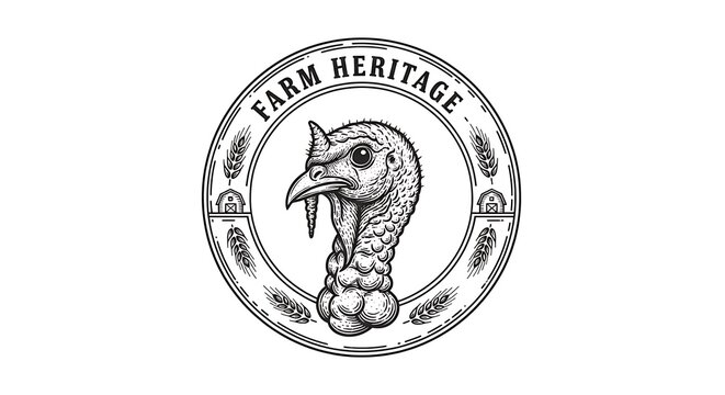 Farm Heritage emblem with vintage tractor and wheat sheaf.