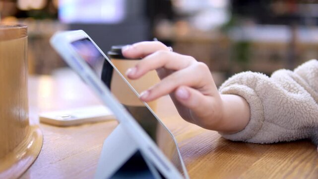 Close-up of child's hands using tablet at cafe table. Soft focus background shows cozy indoor setting. Child appears focused and engaged with device. Suitable for education, technology