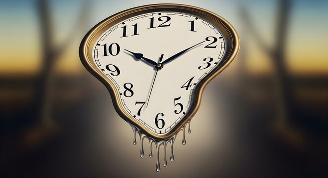 A surreal melting clock displays time amidst a blurred background scene.