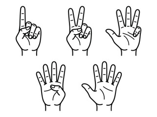 Fototapeta premium Minimalist Line Art Hand Gestures Counting One to Five Fingers Set for Educational Learning and Business Communication Success on White Background