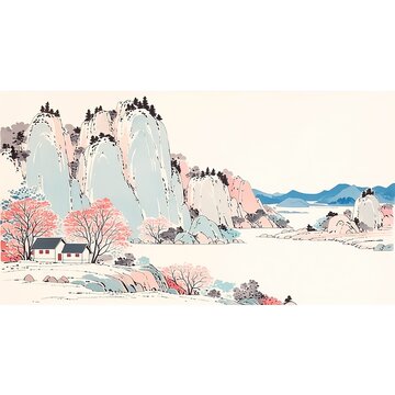 Traditional Chinese landscape artwork expansive foreground prominent mountains light blue gray pink washes upper sections small dark tree formations trees with red and blue leaves concentrated left fo