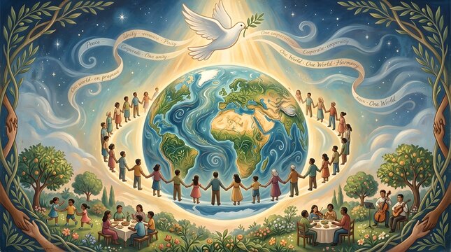 Diverse children holding hands around the Earth with a peace dove above.