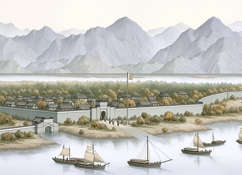 Chinese watercolor broad river valley soft grey mountains mid ground long light grey wall with central gate four tiny figures tall white flag pole many small dark roof houses along riverbanks abundant