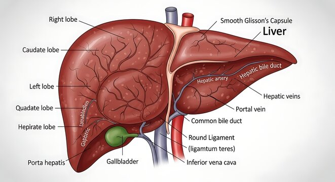 Anatomical diagram of human liver with labeled lobes and veins.