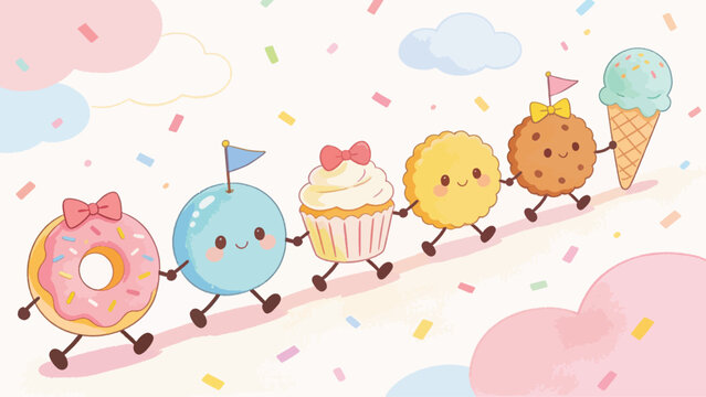 Cute Kawaii Desserts Holding Hands Vector Illustration