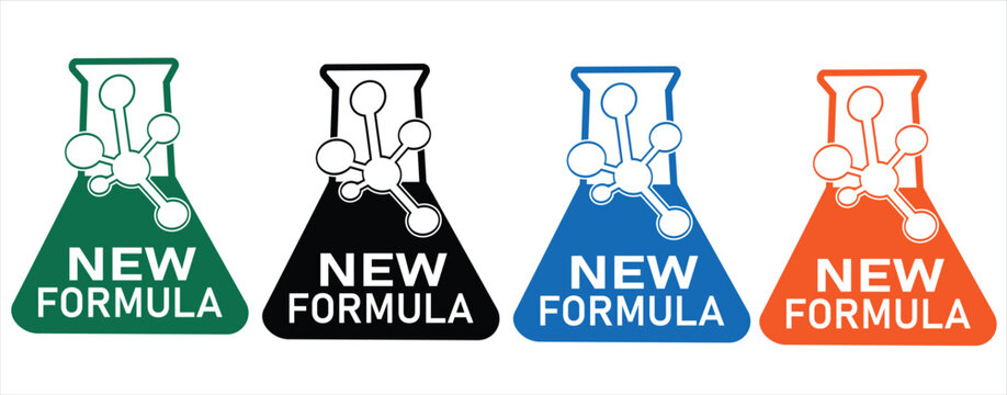 New Formula Icons Set Vector Science Lab Flask with Molecule Structure For Product Packaging Green Black Blue Orange Cosmetics Chemical Research Pharmacy Upgrade Development Badge Sticker