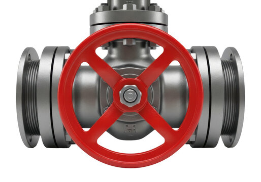 Industrial metal gate valve with red handwheel isolated on transparent background