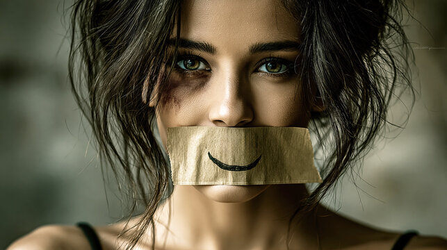 Domestic Violence Awareness Portrait with Tape Smile and Bruised Eye AI Generative