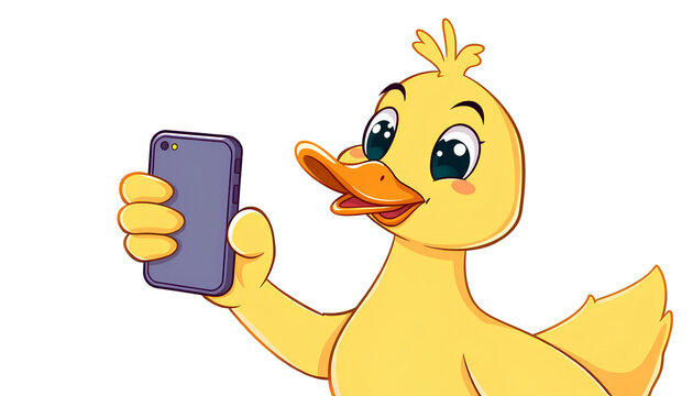 Duck Taking a Selfie. A cute duck holding a tiny smartphone, taking a cheerful selfie, bright soft lighting, fun social-media style, adorable and humorous illustration 2