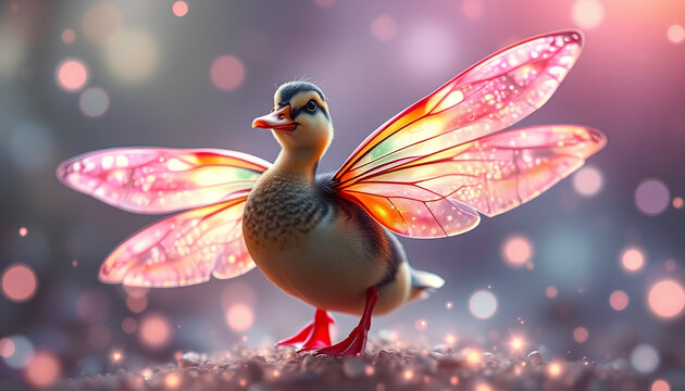 Duck&ndash;Butterfly Hybrid. A delicate duck&ndash;butterfly hybrid with colorful translucent wings, surrounded by glowing particles, dreamy fantasy atmosphere 2