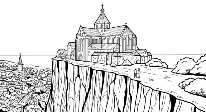 Medieval monastery perched atop steep cliffside terrain.